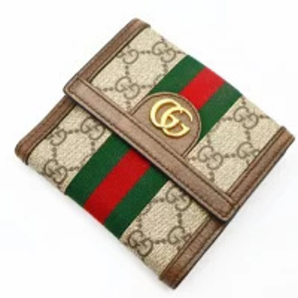 Gucci Ophidia Bi fold Wallet Double Snap Closure Brown Beige Red Green h